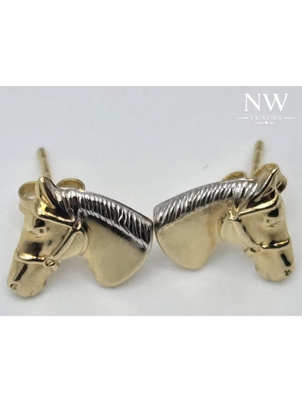 New Solid 10k Yellow Gold Horse Head Equestrian Post Pushback Earrings, Italy